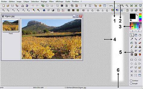 Capture d’écran de l’interface PhotoFiltre et disposition des barres d’outils