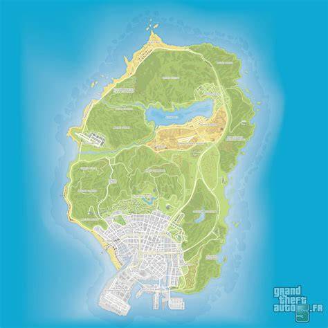 Carte de GTA V montrant une grande ville et ses environnements